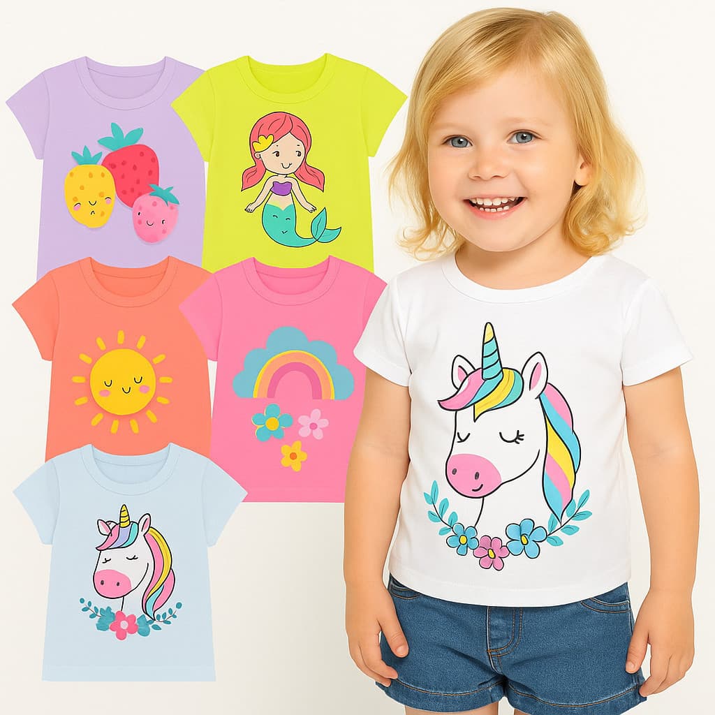 Kit 2 Camisetas de Verão Infantil Menina -Kit 2 Blusas para Meninas Verão Sortidas- Camisa Feminina Verão