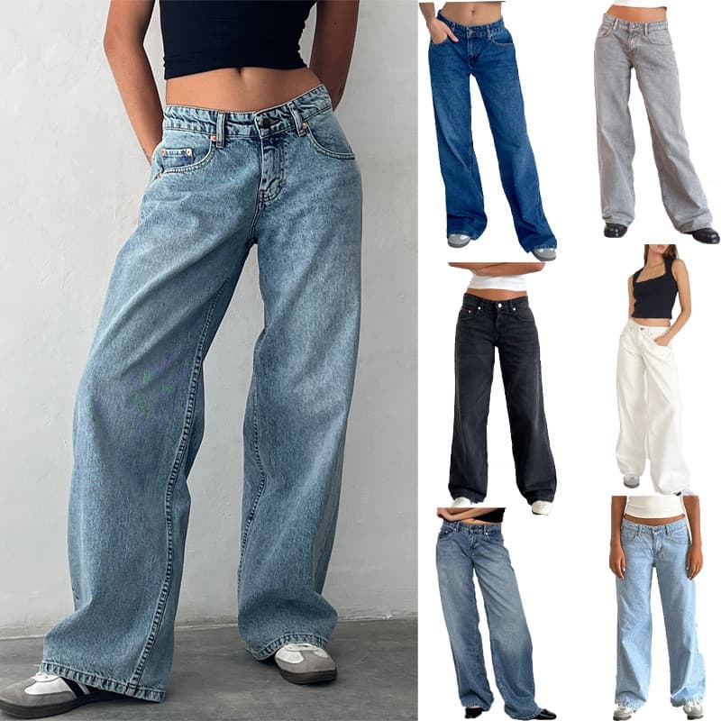 Retro Y2K Jeans Moda Feminina Outono Cintura Alta Bolso Empilhado Perna Larga Calça Casual Baggy Streetwear Commute Deni