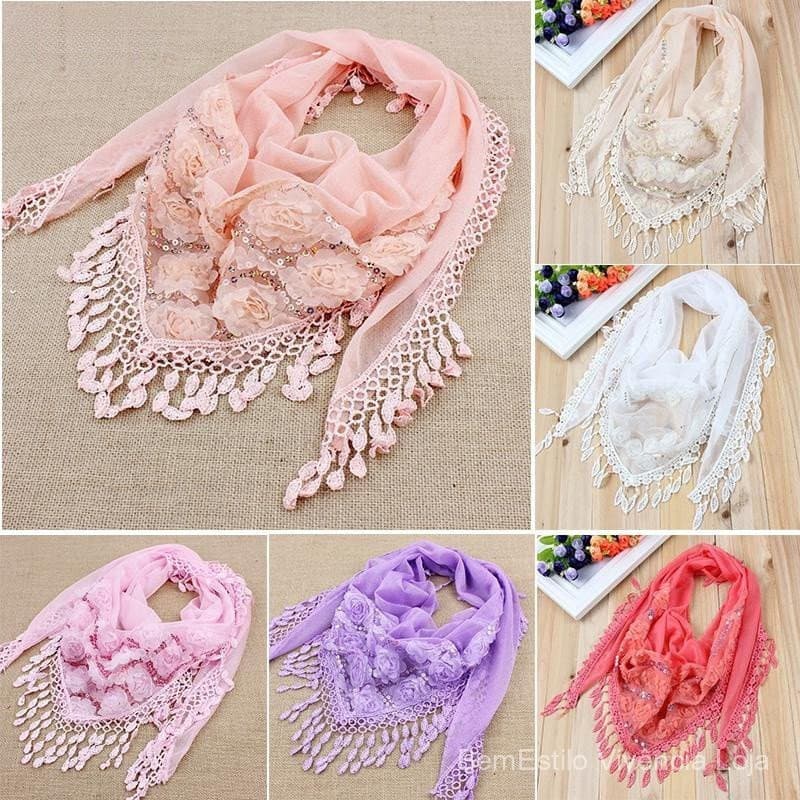 Echarpe Feminino Bordada Trigonométrica Com Borla / Lenço De Seda