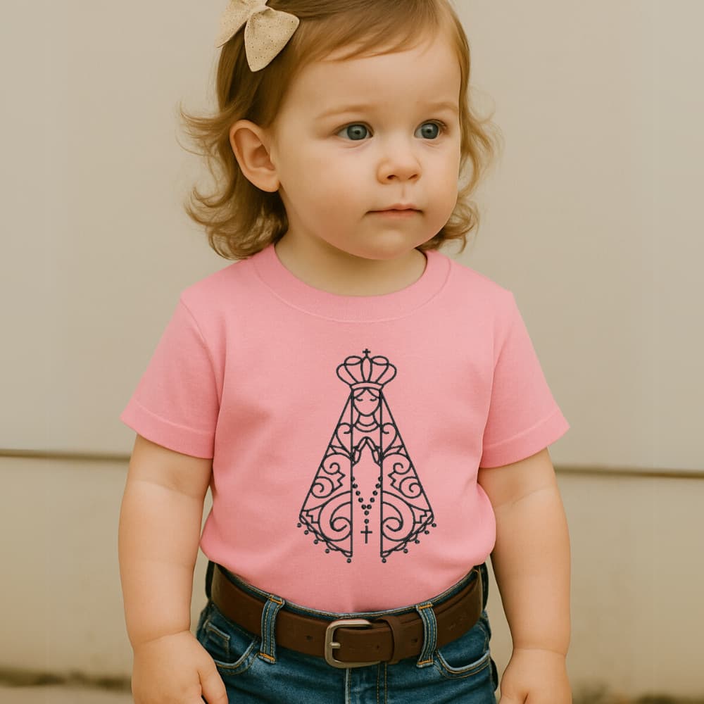 Camiseta 100%Algodão Feminina Country Estampa Nossa Senhora Aparecida Minimalista Fine Line Católica Trevix
