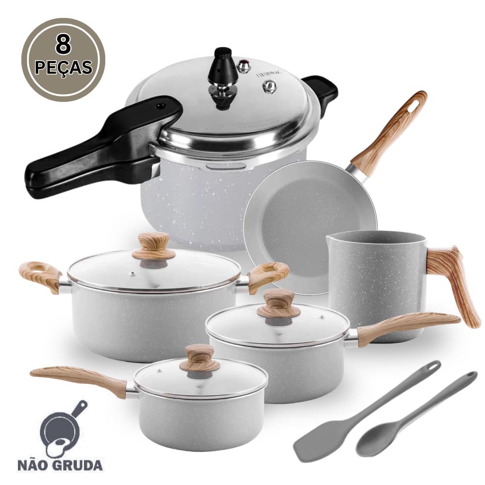 Jogo De Panela Indução Cerâmica E Panela De Presão Ceramic Life Gris Brinox 8 Peças