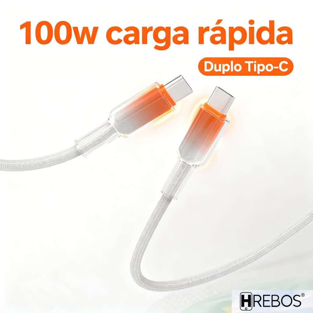 HREBOS Cabo Carregador Turbo Duplo Tipo-C Branco/Preto 100W Pd 1.5 Metros cb-261c