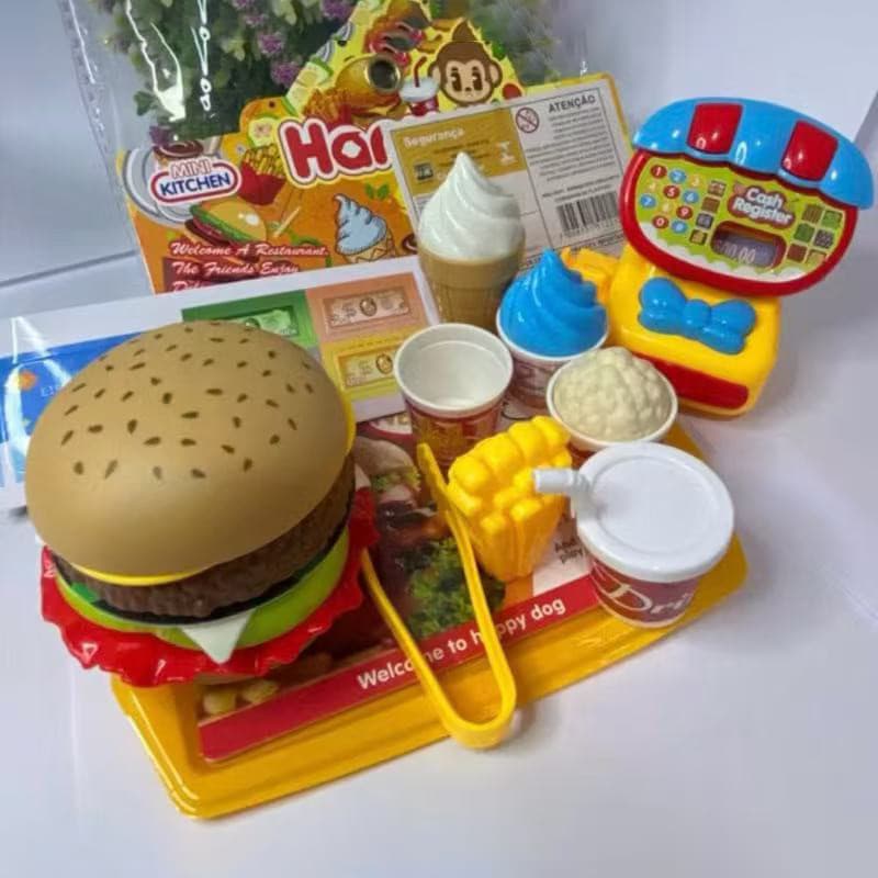 Kit de Brinquedo de Cozinha para Faz de Conta Infantil - Brinquedo de Caixa Registradora de Loja de Hambúrguer