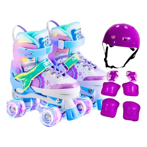 Patins 4 Rodas Led Ajustável Roxo + Kit Proteção Completo Tamanho Das Rodas 5.5 Cm Tamanho Dos Patins G