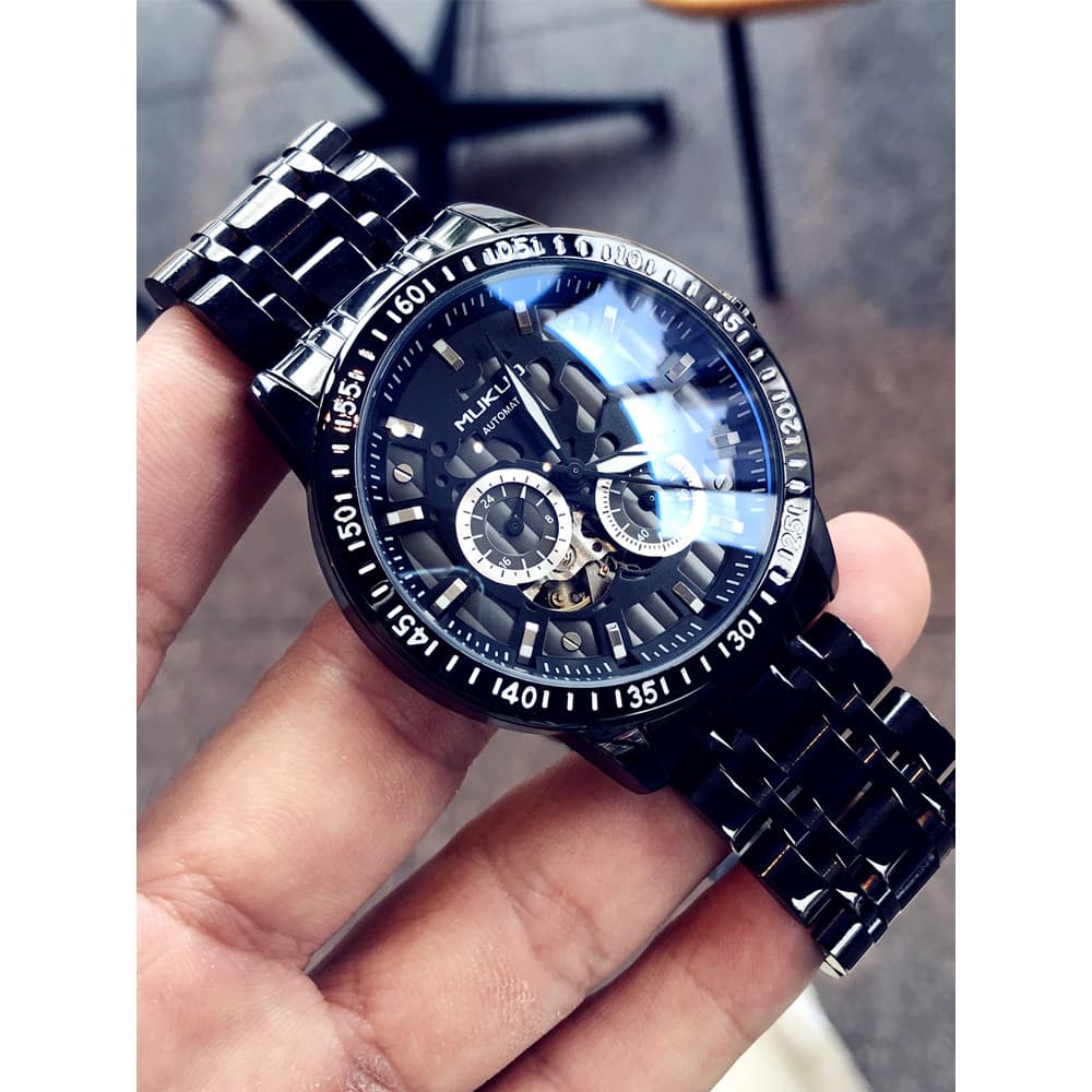 Preto Samurai relógio masculino automático mecânico oco turbilhão relógio de pulso à prova dwaterproof água luminosa ban