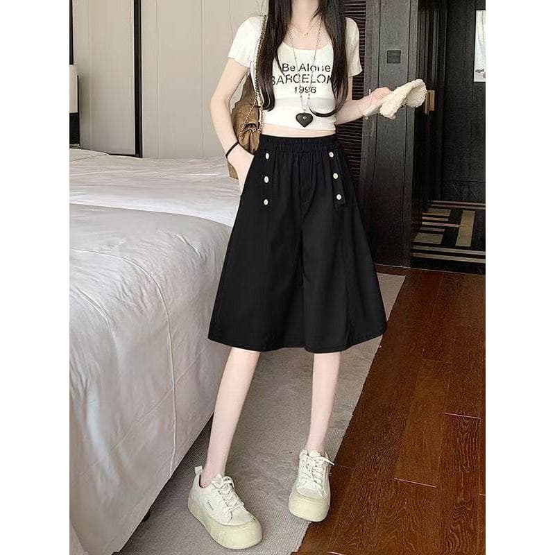 Moda confortável Wear Casual All-Match esportes seis pontos calças de perna larga Culottes cintura alta solta sobre