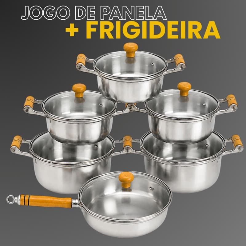 Jogo de Panelas Alumínio Batido Fundido + 1 Frigideira Grossa com Tampa de Vidro