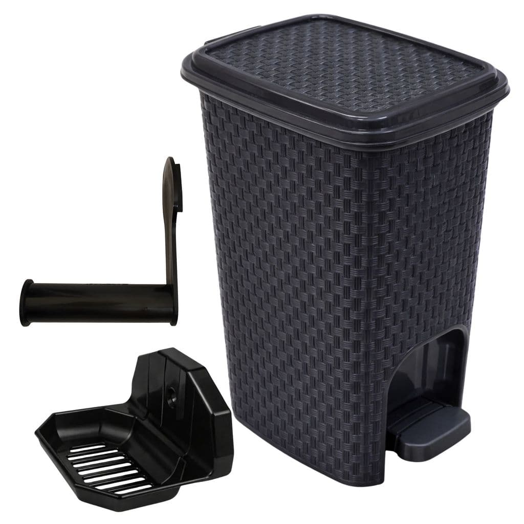 Lixeira 7L Rattan Pedal Saboneteira Ventosa Porta Papel Higiênico Banheiro Organização Box Parede