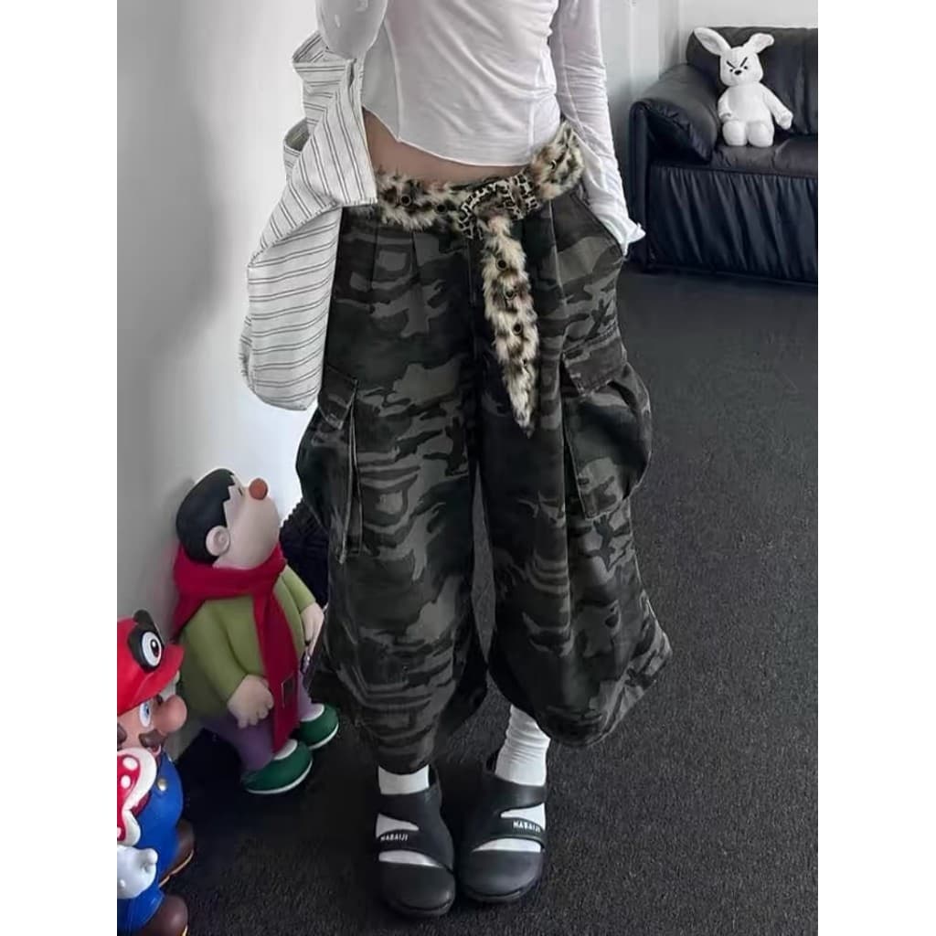 American Retro Camouflage Cargo Jeans Street Solto Reto Shorts Cortados de Perna Larga