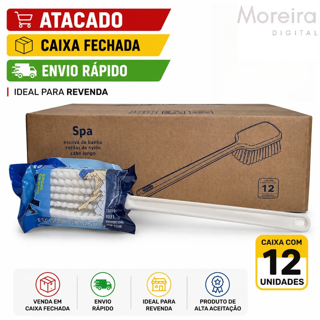 Atacado Escova de Banho Cabo 40cm Cerdas Macias Caixa Fechada 12 Unidades Para Revenda