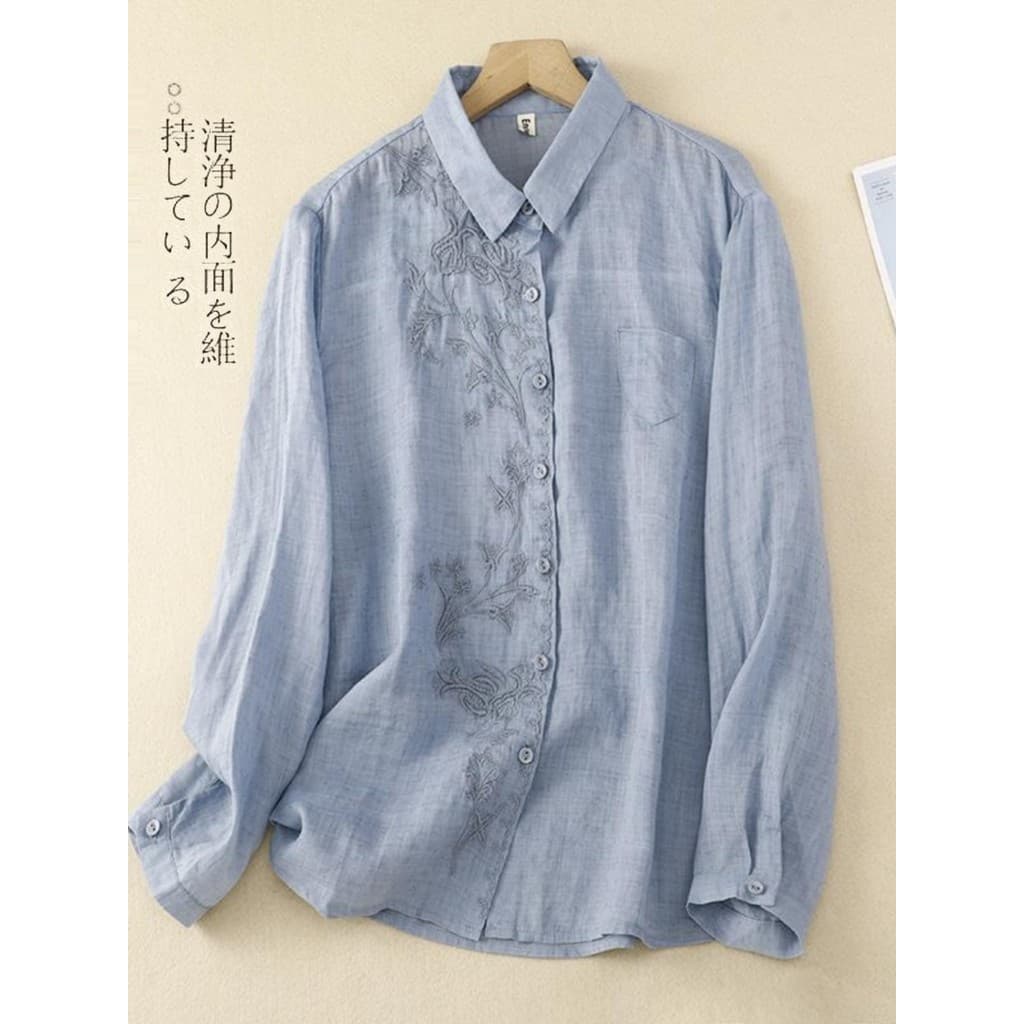 Zimo Qinghe ~ Camisa de manga comprida bordada literária Ramie feminina solta All-Match camisa de linho japonesa Top de