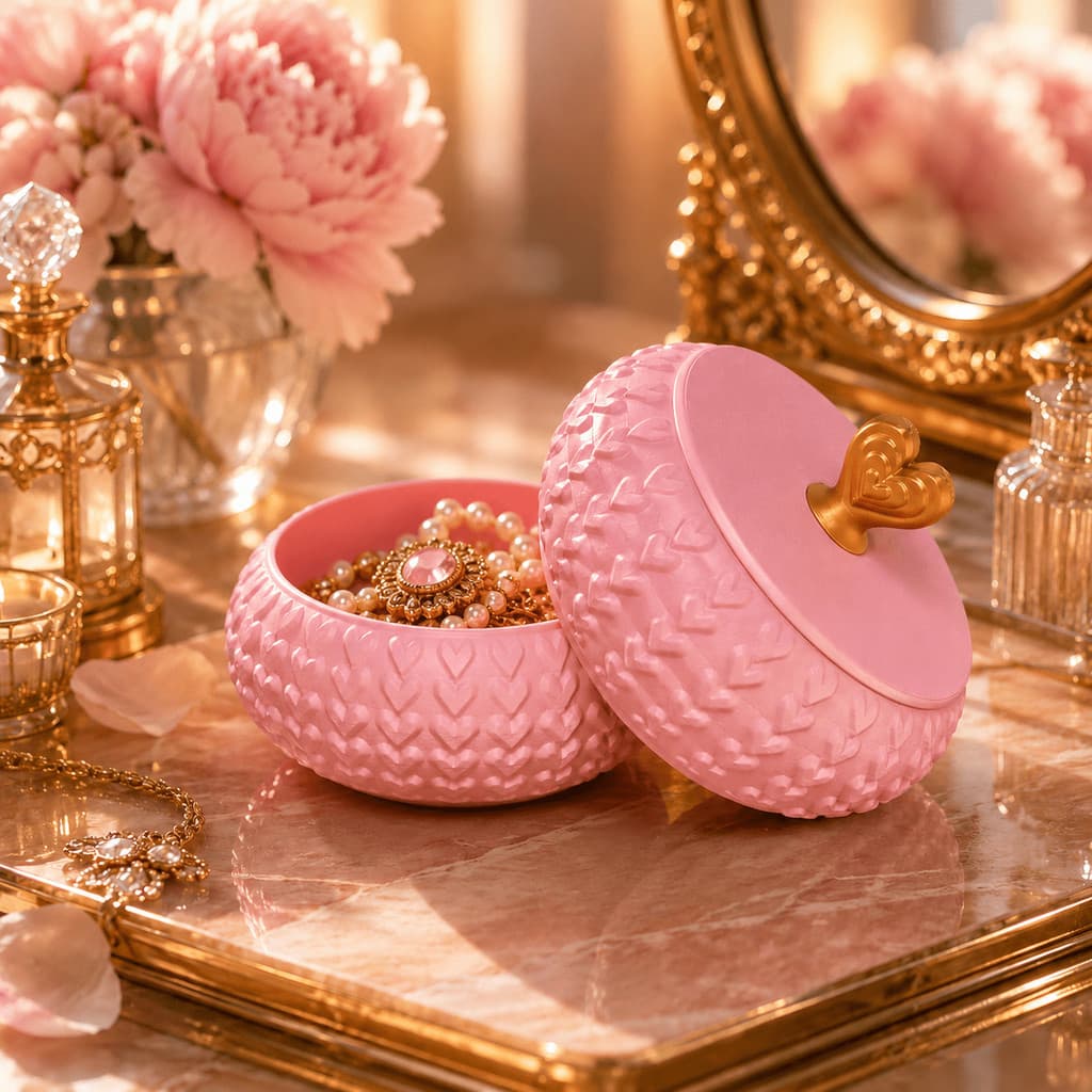 Porta Joias Rosa Luxuoso com Tampa Dourada em Formato de Coração | Pote Decorativo Elegante para Quarto e Penteadeira
