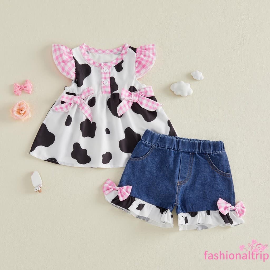 [FaSh] Conjunto De 2 Peças Para Crianças E Meninas , Cowgirl , Xadrez , Laço , Ponto De Vaca , Manga Voadora , Babydoll