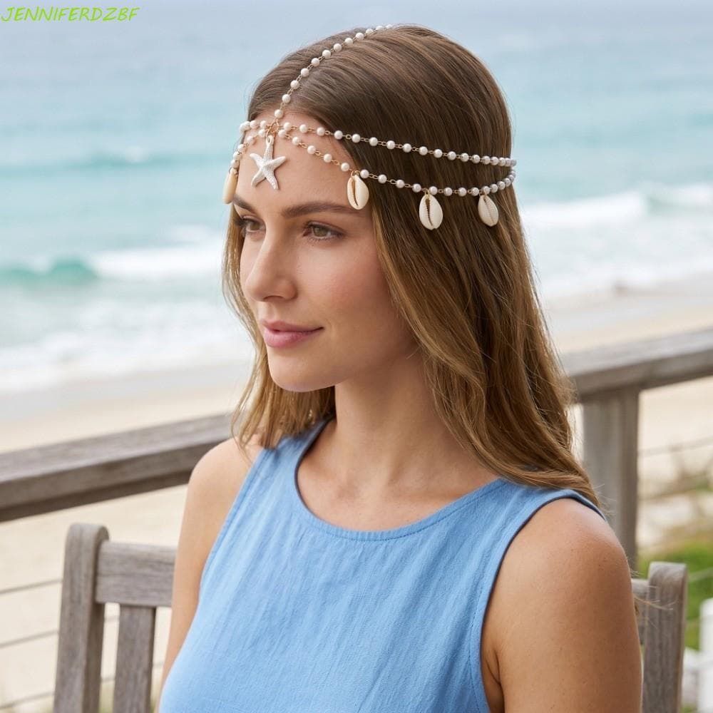 Corrente De Cabelo Boêmia JENNIFERDZBF , Cabeça Boho Estilo Oceano Pérola , Peça Com Contas De Estrela Do Mar Da Moda