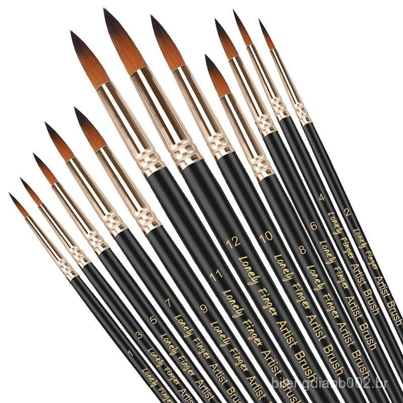 Conjunto De Pincéis De Pintura Profissional , 12 Peças , Ponta Redonda , Cabelo De Nylon , Pincel Acrílico Para A Óleo W