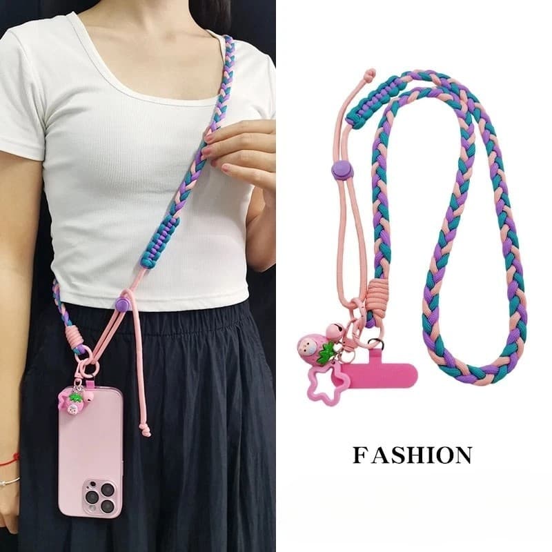Cordão trançado de rabo de cavalo para celular, cordão Crossbody pode voltar estilo longo, gancho de Metal forte, fivela
