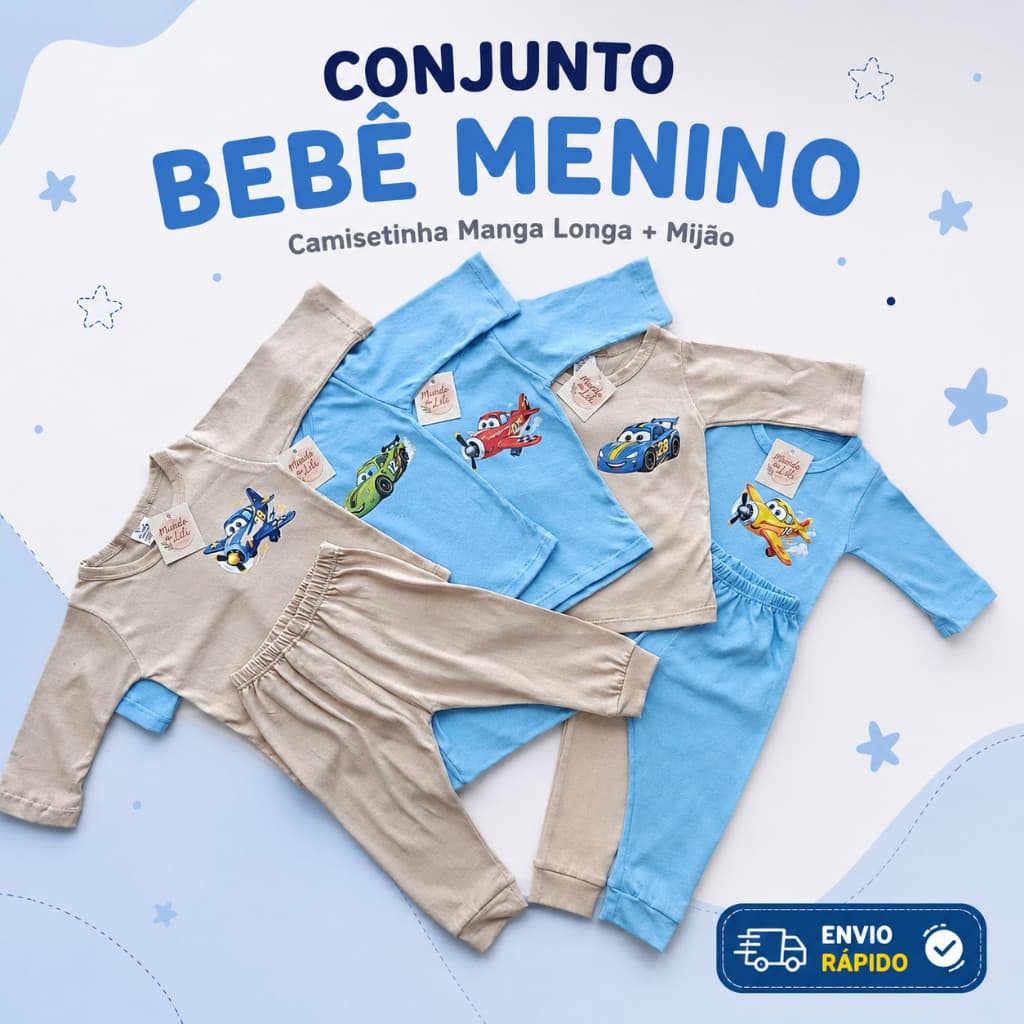Conjunto Infantil Até 8 Peças Bebê Menino Manga Longa com Mijão 100% Algodão Premium