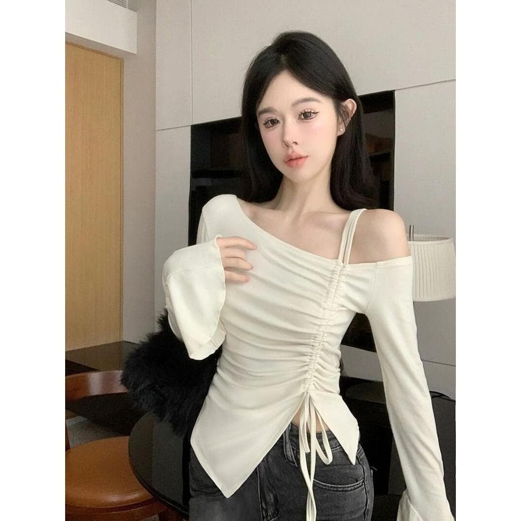 Puro desejo estilo quente menina moda fora do ombro cordão de manga comprida camiseta Flash feminino irregular
