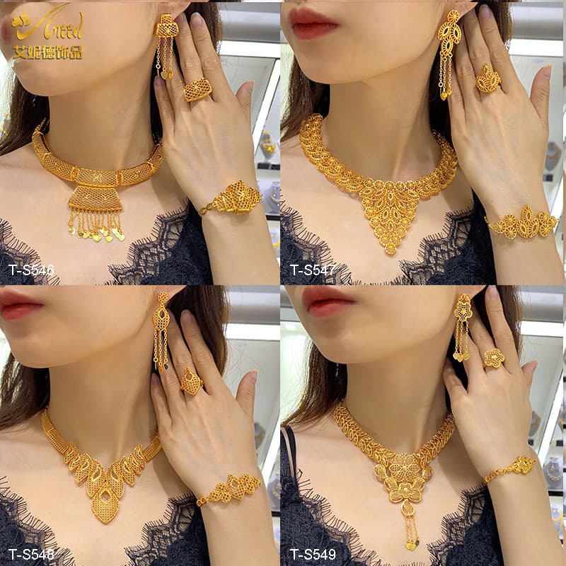 Nupcial 24k banhado a ouro colar pulseira brincos anel conjunto de jóias senhoras requintado conjunto de quatro peças