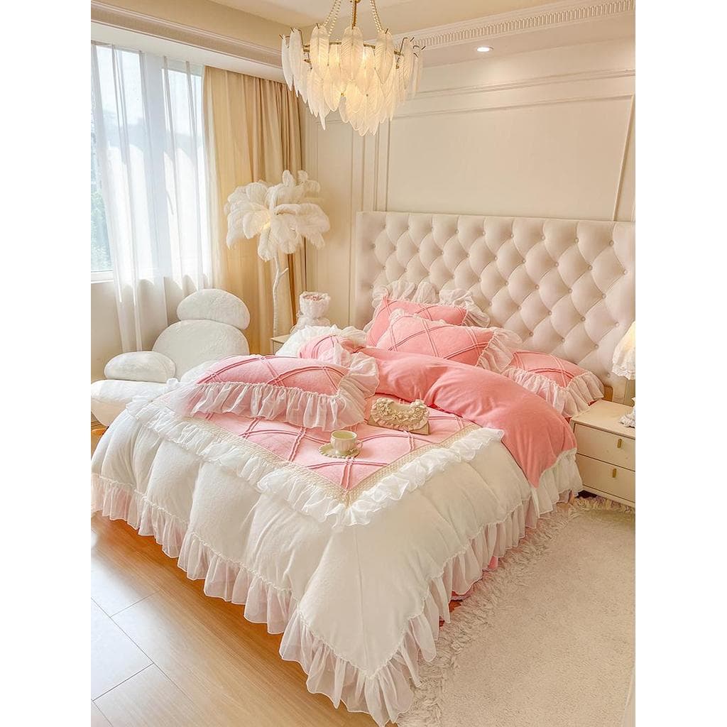Lençol de inverno conjunto de quatro peças engrossado velo saia estilo leite bebê velo estilo princesa babados colcha ca