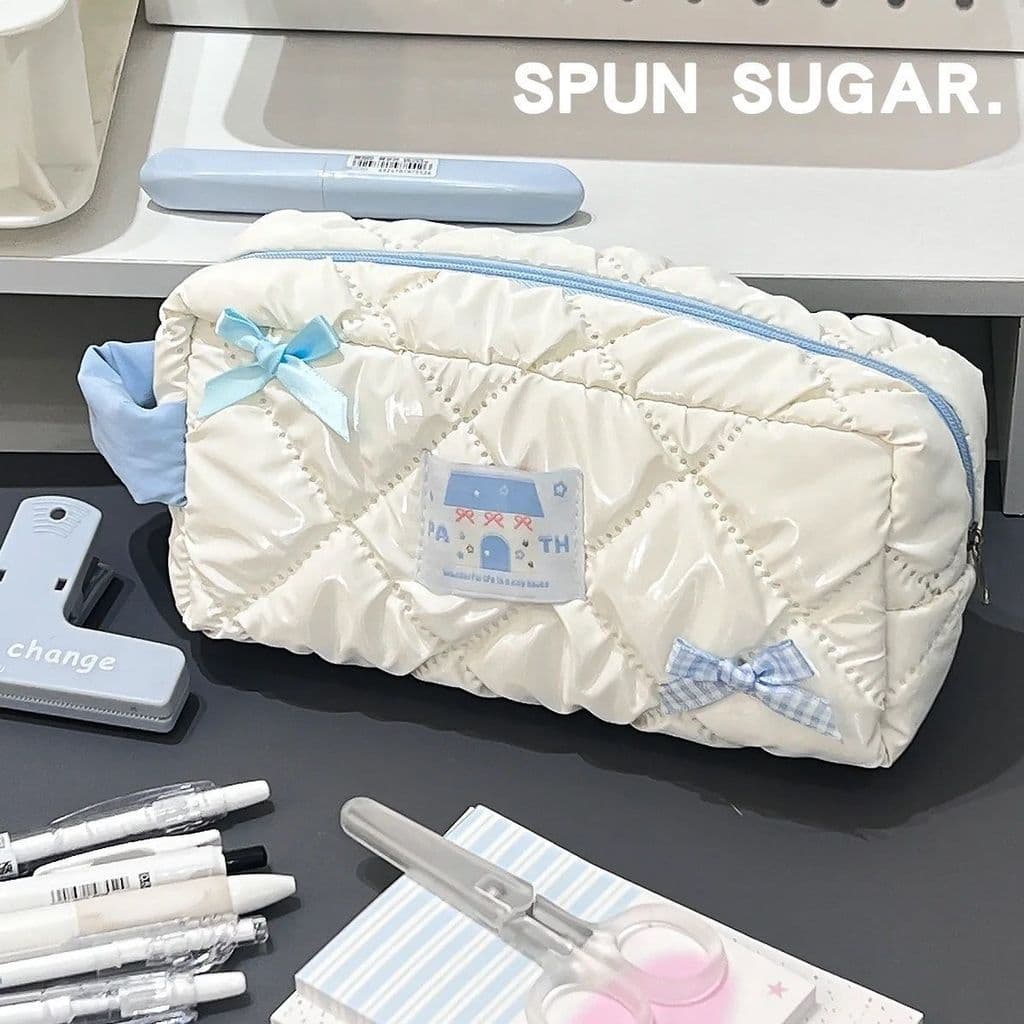 | 【pencil case】 | ♠Novo verão Mo azul arco lápis caso ins alto valor estudante menina coração grande capacidade papelari