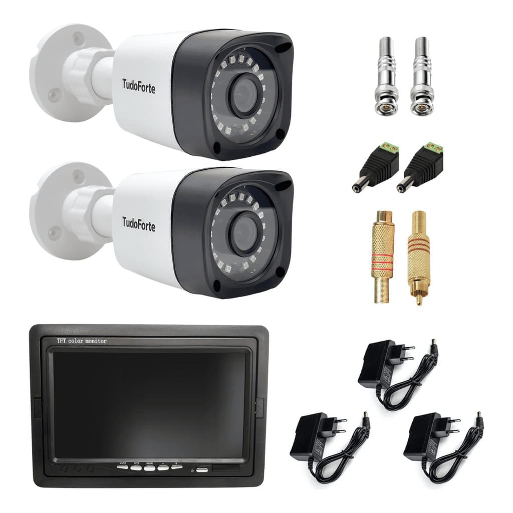 Kit 2 Câmeras Bullet Tudo Forte TF 2020 B Full HD Visão Noturna 20M IP66 Tela 7 polegadas LCD Colorido Acessórios