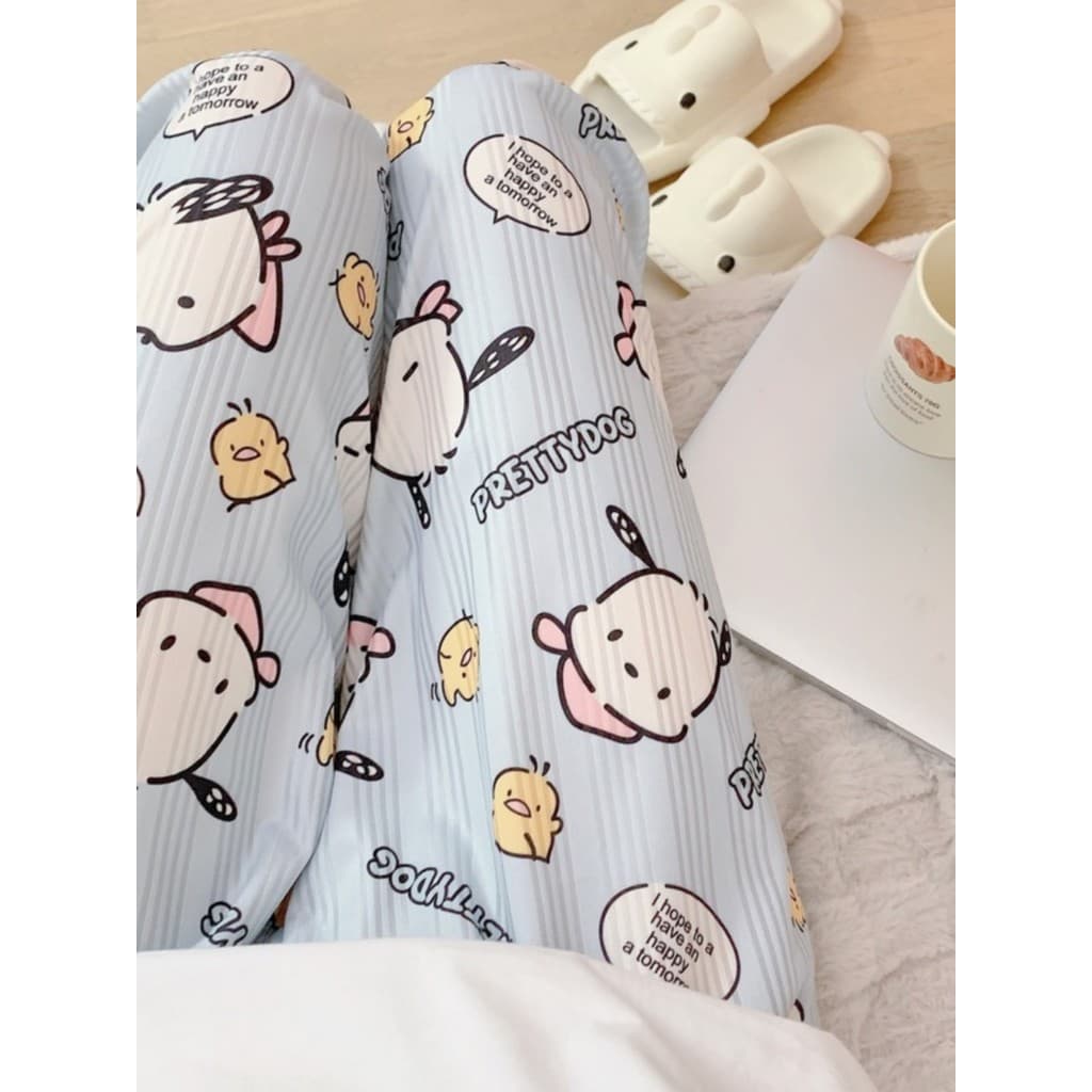 Calças curvas de caminhada novo estilo Pit Strip impresso Pacha cão pijama calças femininas soltas quatro estações casa