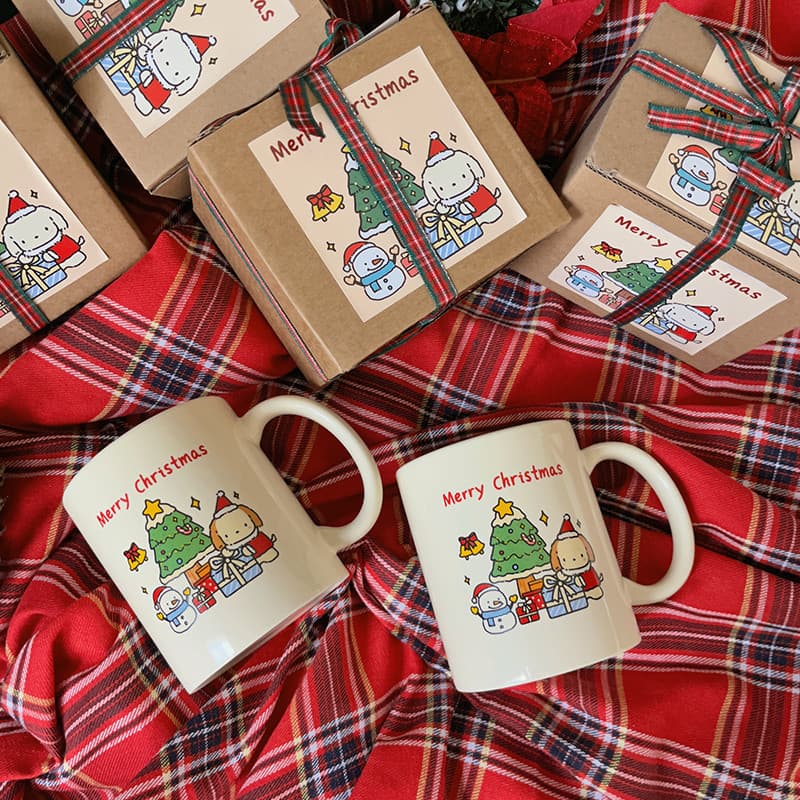 Copo de natal cerâmica dos desenhos animados caixa de presente filhote de cachorro boneco de neve árvore de natal copo d