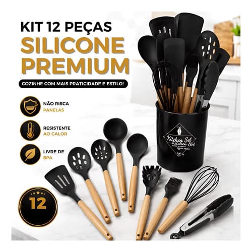 Kit Utensílios Silicone 12 Itens Cabo Madeira Ergonomico Pr Preto