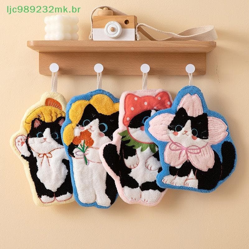[MYBR] Toalha De Mão De Veludo Coral De Desenho Animado Para Cozinha Kawaii Cat Hand Wipe Pano De Limpeza Suspensão De B