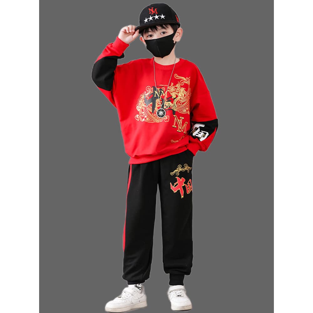 Crianças roupas primavera terno 2026 novo estilo moletom vermelho nacional na moda crianças roupas de ano novo meninos b