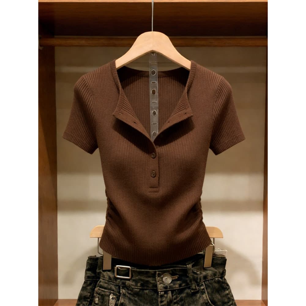 Street Wear moda americano Retro cintura estreita mais magro olhar frente ombro manga curta mais magro olhar All-Match t
