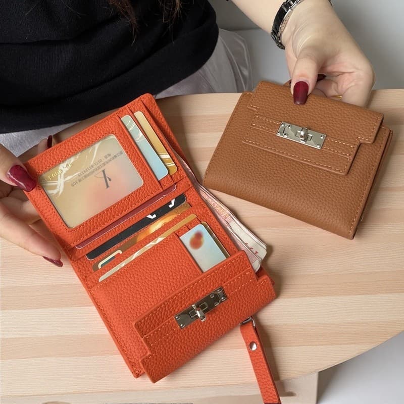 Primeira camada de couro lichia padrão carteira curta Kelly carteira Tri-fold senhoras bolsa de moedas Multi-cartão Lo