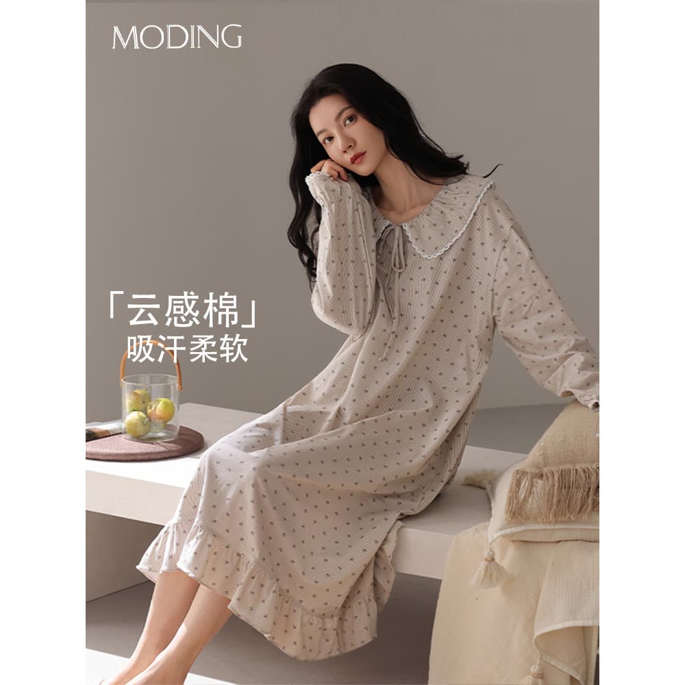 Camisola listrada feminina primavera verão puro algodão manga comprida pijamas Homewear solto pode usar fora vestido de