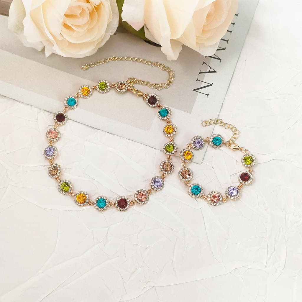 Primavera verão colorido cheio de diamante dopamina clavícula corrente feminino nicho Design galvanoplastia clavícula co