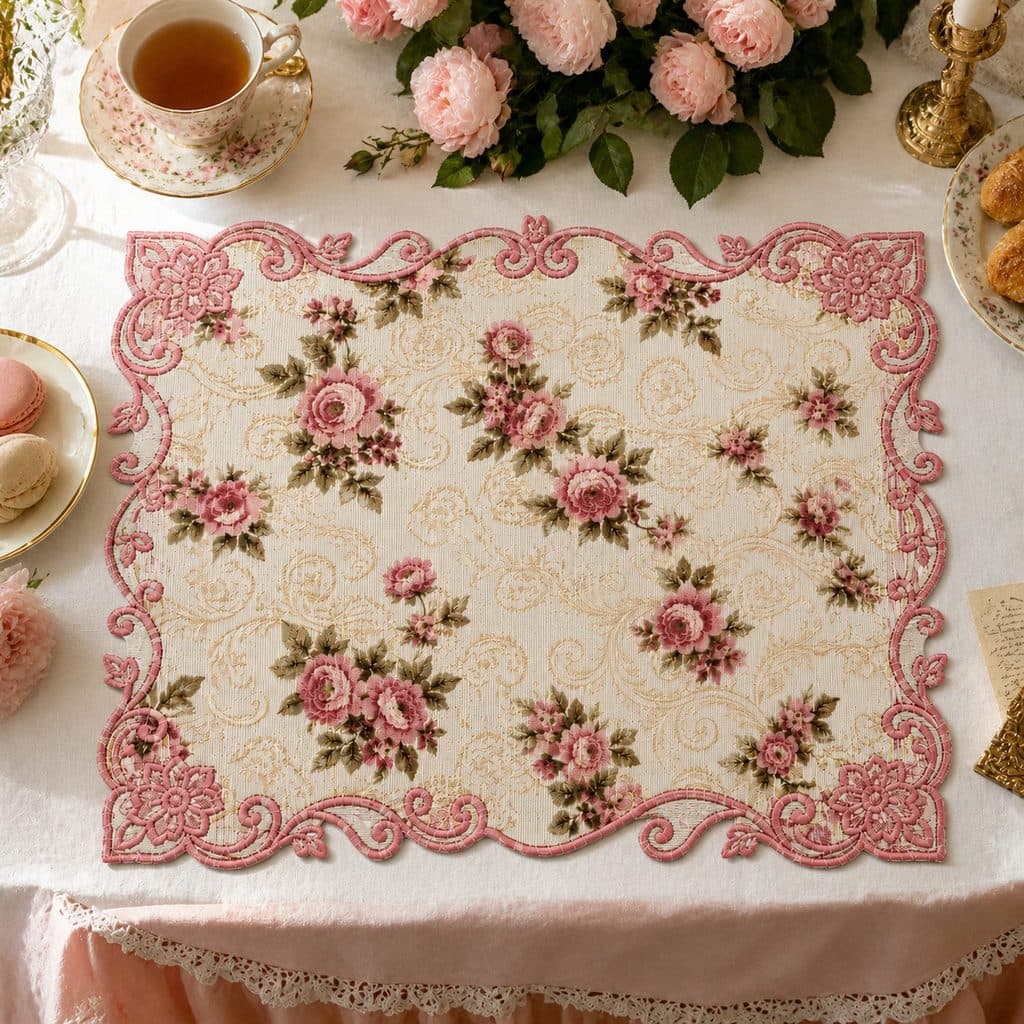 Lugar Americano Floral Rosa com Acabamento Bordado