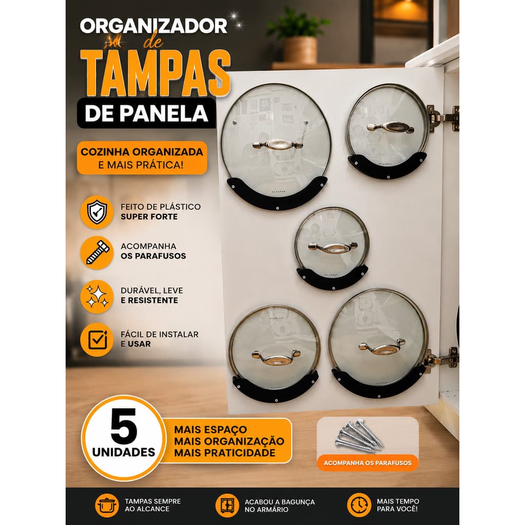 Kit Organizador de Tampas de Panela 5 Unidades | Suporte para Tampas de Armário | Organizador de Cozinha