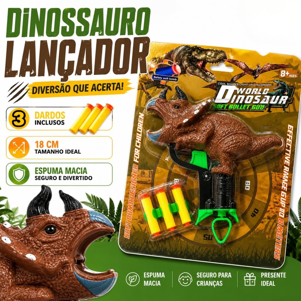 Lançador de Dardos Dinossauro Infantil com 3 Dardos de Espuma Brinquedo
