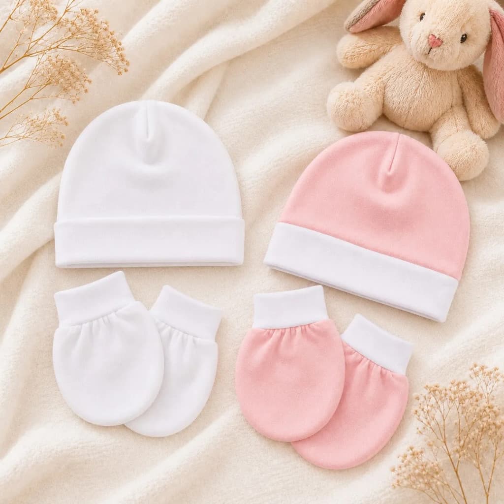 Kit 2 Toucas 2 Luvas Bebê Saída Maternidade Algodão Confort Rosa E Branco Único