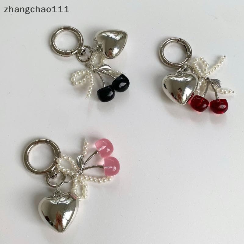 [Z] Moda 3D Cristal Cereja Chaveiro Pérola Arco Prata Coração Pingente Bolsa Feminina Acessórios Presentes Novo