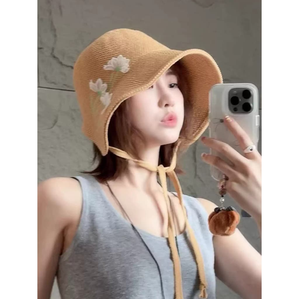Estilo japonês bordado flor balde chapéu verão pode amarrar rabo de cavalo oco chapéu feminino aba grande mostrando rost