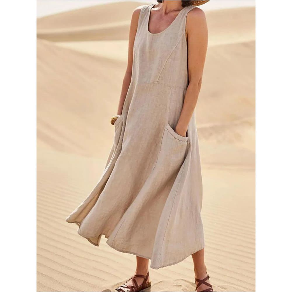 Vestido Feminino Sem Mangas De Algodão E Linho