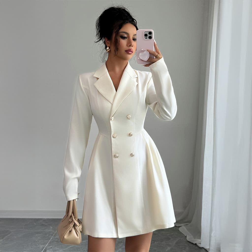 Cross-Border elegante temperamento estilo botão de manga comprida vestido curto roupas femininas 2026 outono inverno est