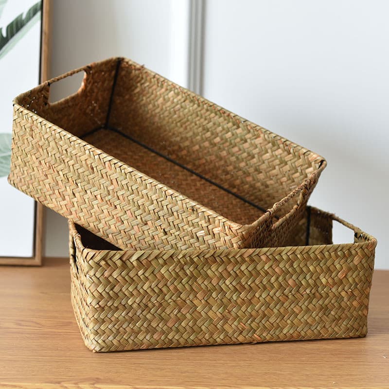 Cesta de armazenamento retangular cesta de bambu cesta de armazenamento decoração de palha de vime de