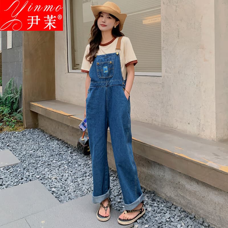 Retro macacão Denim macacão feminino 2024 verão novo estilo Preppy cintura alta mais magro olhar em linha reta perna lar
