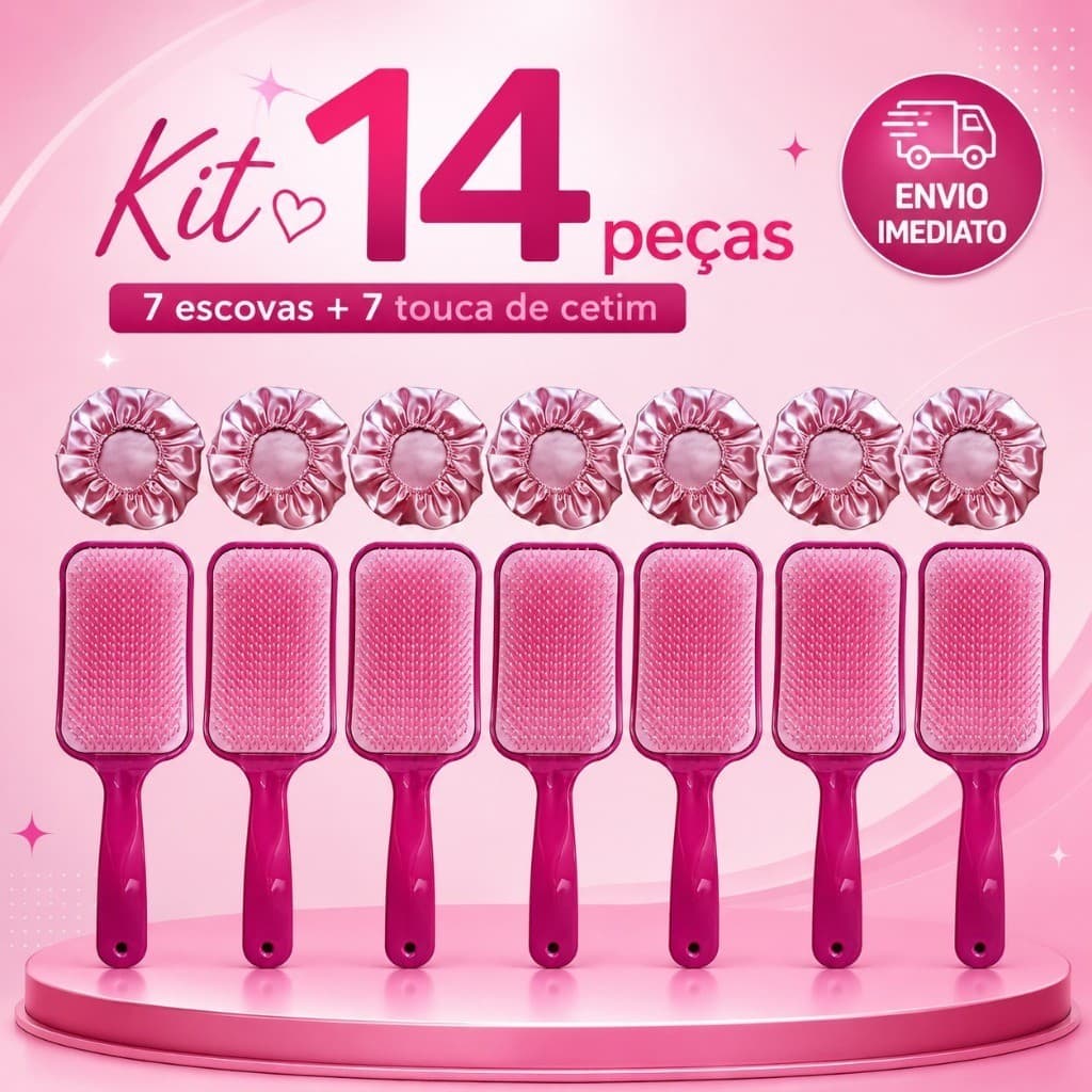 Kit 14 peças = 7 Touca de Cetim rosa + 7 Escova vinho RAQUETÃO salão beleza CABELO *LER DESCRIÇÃO