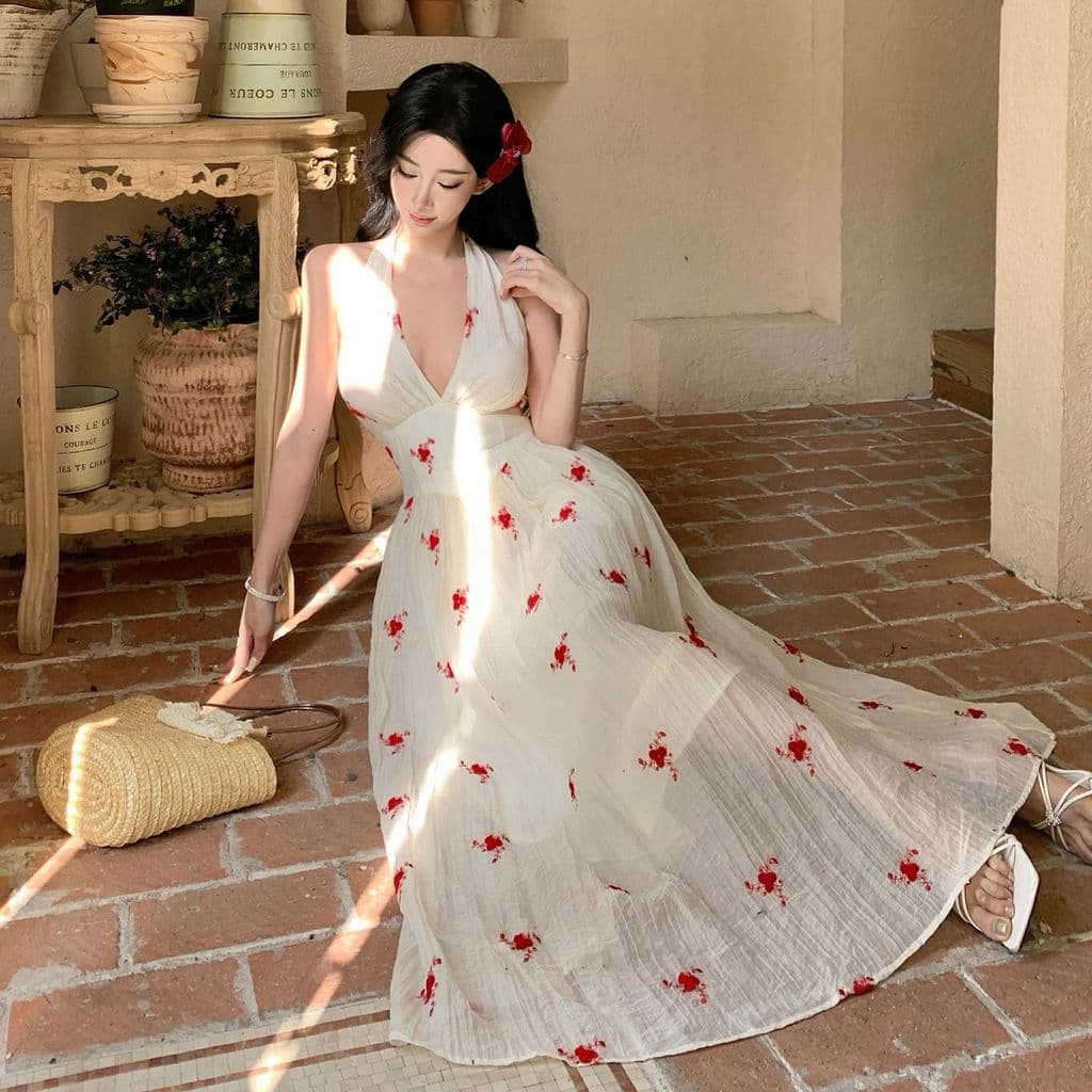 Francês Floral com decote em V Halter pescoço estilingue vestido feminino verão novo estilo férias à beira-mar linda cin