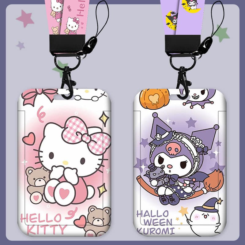 Porta-cartões fofo Sanrio ID Campus Cordão retrátil Cartão de refeição Kuromi Cartão de ônibus de estudante Crachá Cartã