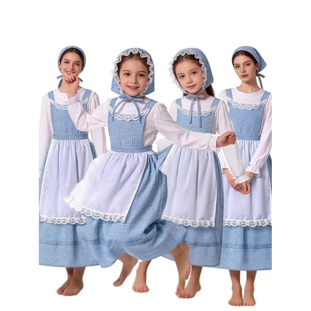 Traje de fazendeiro xadrez azul claro, roupa de cozinheiro campestre estilo fazenda, conjunto familiar, adequado para fe