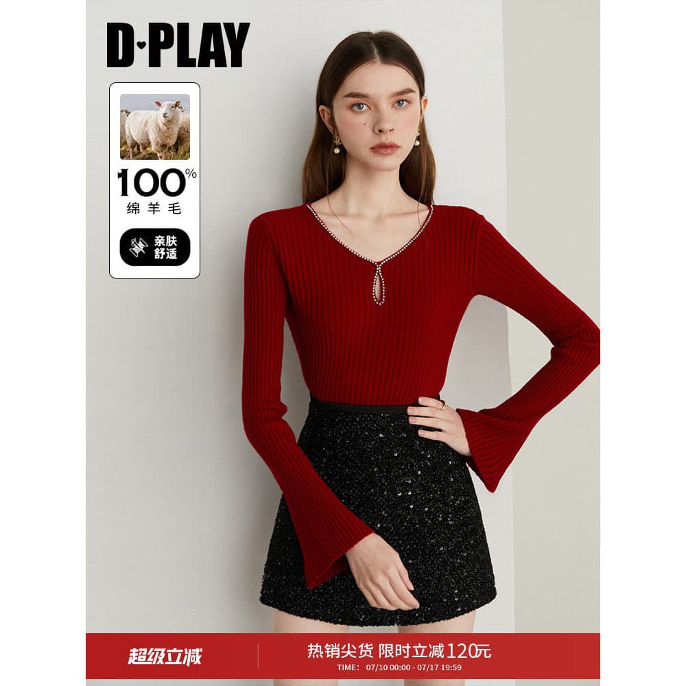 DPLAY2026 Primavera Novo Estilo Malhas Vermelhas Grande Suéter Vermelho 100 Suéter Base Interna Top Feminino